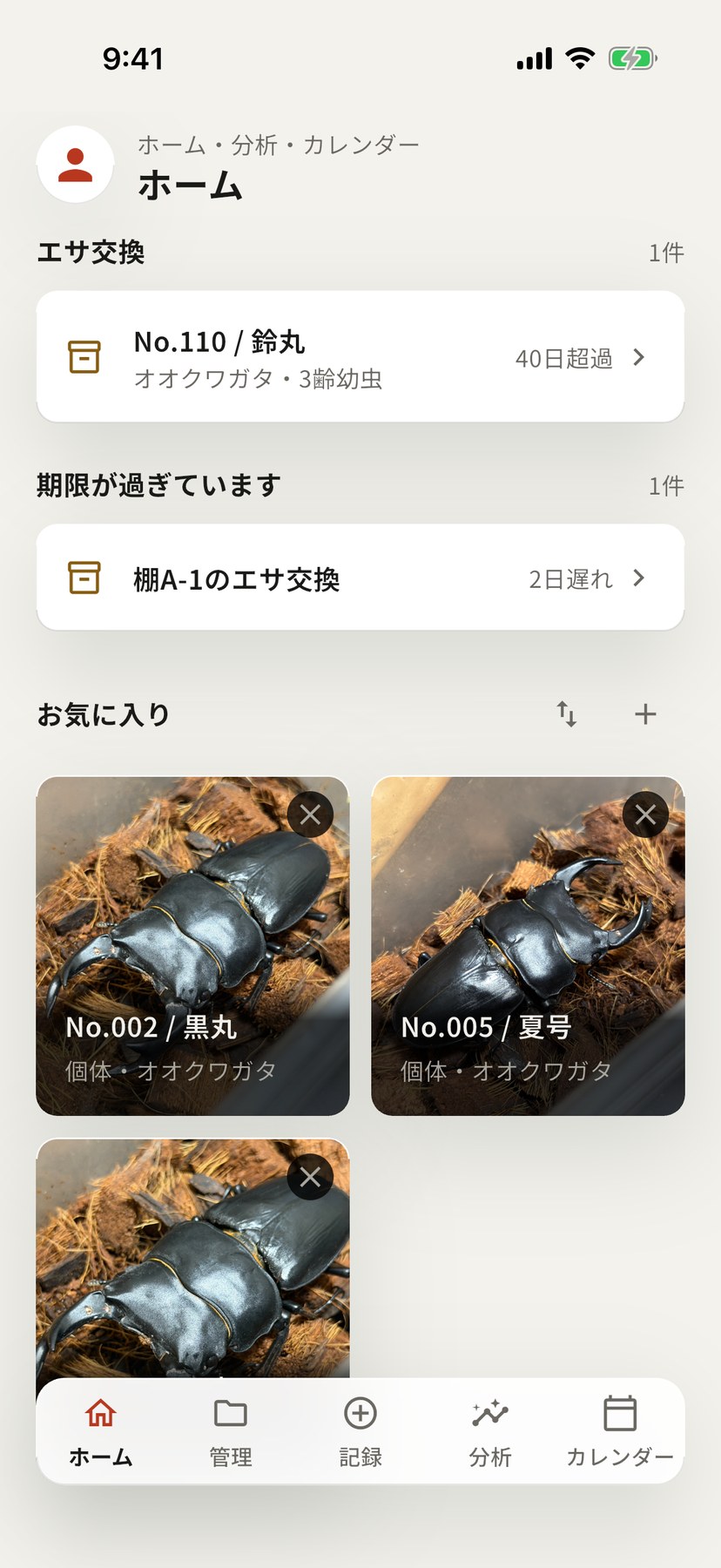 甲虫手帳のホーム画面